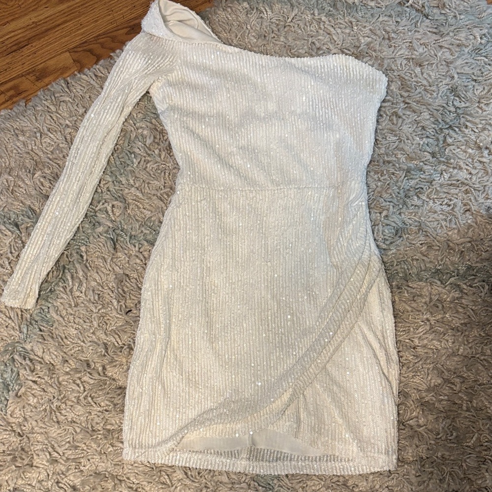 B Darlin Sparkling White One-Shoulder Dress